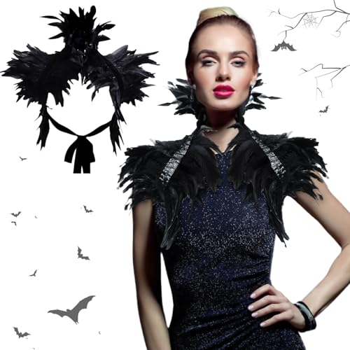 Federkragen Schwarz,Gothic Feder Achselzucken,Feder Cape Schwarz,Raben Kostüm,Federumhang Damen,Black Swan Kostüm,Federn Epauletten,Maleficent Kostüm für Karneval,Halloween,Cosplay von ZTBFHLZQ