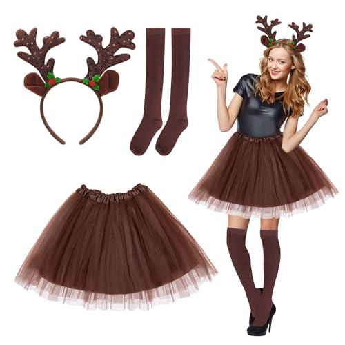 ZTBFHLZQ Damen Reh Kostüm Erwachsene, Brauner Tüllrock mit Reh Geweih Haarreif Socken, Karneval Kostüm Damen, Rentierkostüm Geweih für Fasching Karneval Cosplay Party ZTBFHLZQ Damen Reh Kostüm Erwachsene, Brauner Tüllrock mit Reh Geweih Haarreif Socken, Karneval Kostüm Damen, Rentierkostüm Geweih für Fasching Karneval Cosplay Party von ZTBFHLZQ