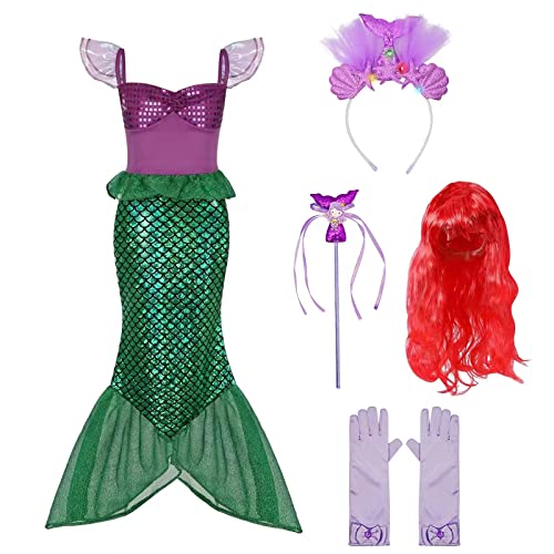 Mädchen Meerjungfrau Prinzessin Kleid Geburtstagsfeier Carnaval Halloween Cosplay Kostüme Set mit Perücke, Leuchtband und Zauberstab (4-6 Jahre, Kurzarm) von ZUCOS