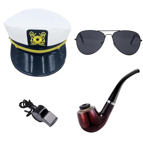 ZUCOS 4 Stück Yacht Kapitän Hut Kapitänsmütze Kostüm Set,Verstellbare Yacht Schiff Boot Marine Mütze Mit Sonnenbrille,Kapitän Prop,Handschuhe,Abzeichen für Partys Cosplay (White Captain, Medium) ZUCOS 4 Stück Yacht Kapitän Hut Kapitänsmütze Kostüm Set,Verstellbare Yacht Schiff Boot Marine Mütze Mit Sonnenbrille,Kapitän Prop,Handschuhe,Abzeichen für Partys Cosplay (White Captain, Medium) von ZUCOS
