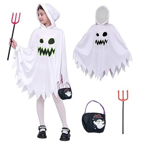 ZUCOS Geister Weiß Umhang Halloween-Kostüm für Kinder Gruseliges Süßes oder Saures mit Handtasche Im Dunkeln leuchten 3-4 Jahre von ZUCOS