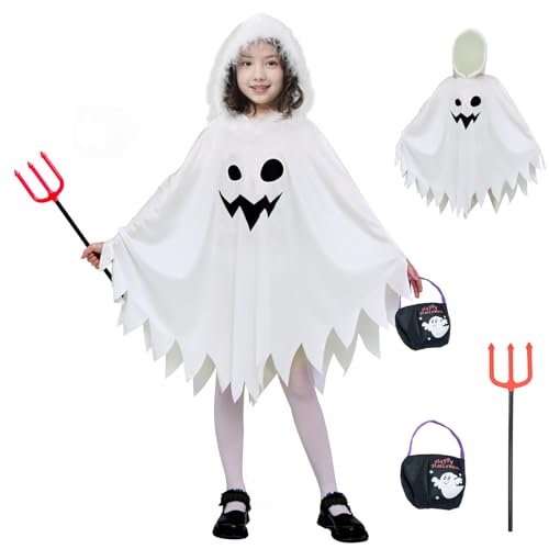 ZUCOS Geister Weiß Umhang Halloween-Kostüm für Kinder Gruseliges Süßes oder Saures mit Handtasche Weiß 3-4 Jahre von ZUCOS