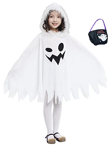 ZUCOS Geister Weiß Umhang Halloween-Kostüm für Kinder Gruseliges Süßes oder Saures mit Handtasche Weiß 7-9 Jahre von ZUCOS