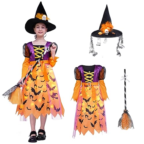 ZUCOS Hexe Kinderkostüm mit Lichter Halloween Mädchen Kostüm Karneval Fasching Cosplay Kostüme Prinzessin Kleid mit Hexenbesen und Hut (Gelb, 10-12 Jahre) von ZUCOS