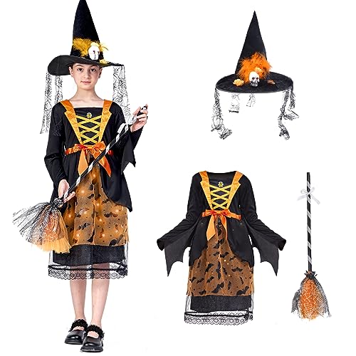 ZUCOS Hexe Kinderkostüm mit Lichter Halloween Mädchen Kostüm Karneval Fasching Cosplay Kostüme Prinzessin Kleid mit Hexenbesen und Hut (Schwarz, 10-12 Jahre) von ZUCOS