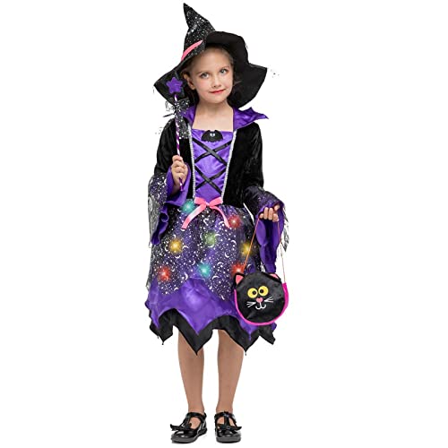 ZUCOS Hexe Kinderkostüm mit Lichter Halloween Mädchen Kostüm Karneval Fasching Cosplay Kostüme Violett Prinzessin Kleid (Lila, 3-4 Jahre) von ZUCOS