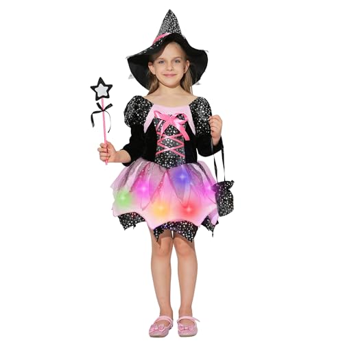 ZUCOS Hexe Kinderkostüm mit Lichter Halloween Mädchen Kostüm Karneval Fasching Cosplay Kostüme Violett Prinzessin Kleid (Rosa, 3-4 Jahre) von ZUCOS