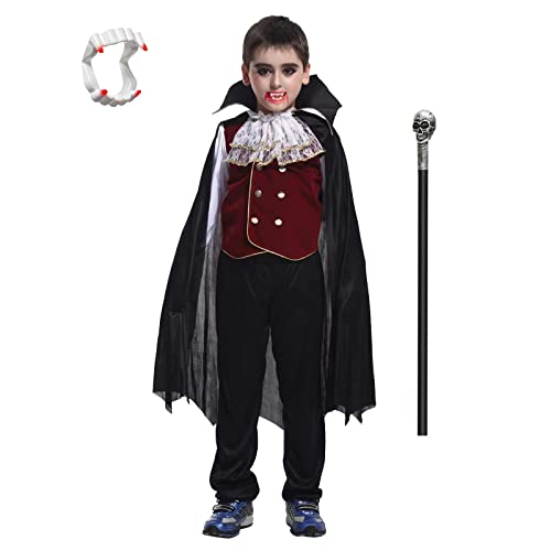 ZUCOS Jungen Kinder Vampir Halloween Kostüm Gothic Classic Cosplay w/Vampirzähne und Sichel (Schwarz, 10-12 Jahre) von ZUCOS