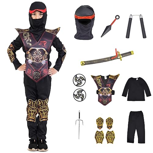 ZUCOS Kinder Ninja Halloween Kostüm Set Mädchen Jungen Ninja Drache Muskeln Carnaval Kostüm (Schwarz, 4-6 Jahre) von ZUCOS