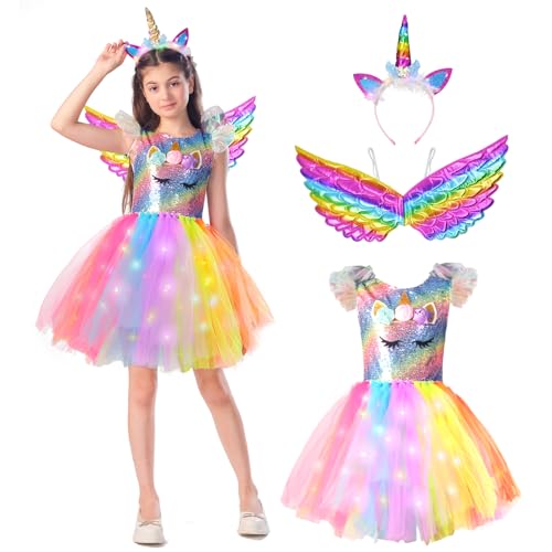 ZUCOS Mädchen Einhorn Kostüm mit Lichter Tutu Kleid Prinzessin Kleid für Geburtstag Halloween Karneval (3-4 Jahre, Regenbogen A) von ZUCOS