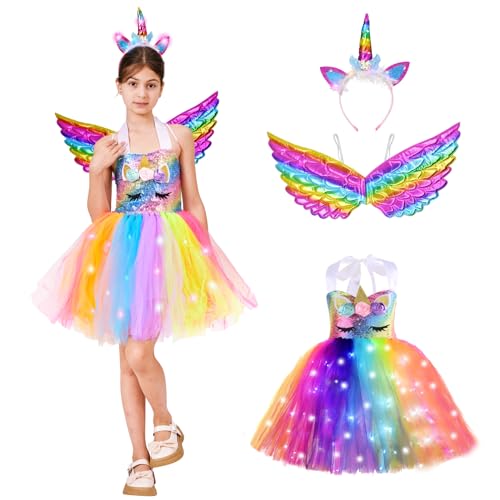 ZUCOS Mädchen Einhorn Kostüm mit Lichter Tutu Kleid Prinzessin Kleid für Geburtstag Halloween Karneval (3-4 Jahre, Regenbogen B) von ZUCOS