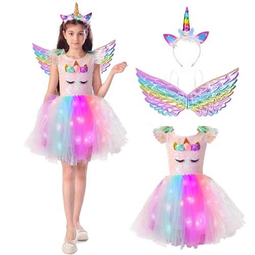 ZUCOS Mädchen Einhorn Kostüm mit Lichter Tutu Kleid Prinzessin Kleid für Geburtstag Halloween Karneval (3-4 Jahre, Weiß A) von ZUCOS