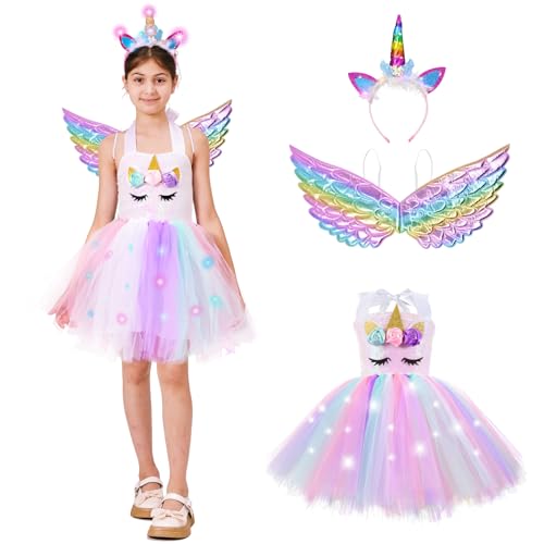 ZUCOS Mädchen Einhorn Kostüm mit Lichter Tutu Kleid Prinzessin Kleid für Geburtstag Halloween Karneval (3-4 Jahre, Weiß B) von ZUCOS