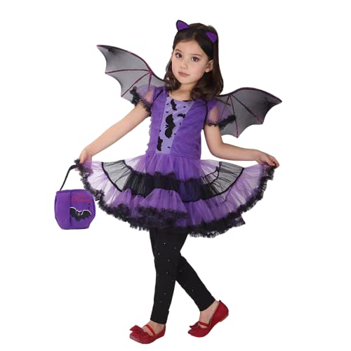 ZUCOS Mädchen Fledermaus Halloween Kostüm Hexe Cosplay Kostüm Tutu Kleid Set für Kinder (Lila, 10-12 Jahre) von ZUCOS