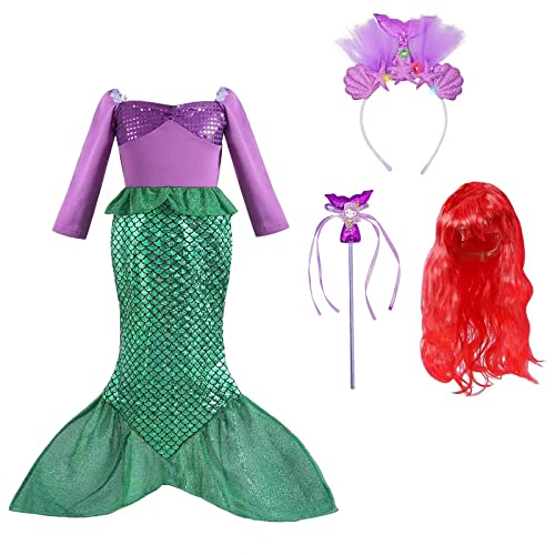 ZUCOS Mädchen Meerjungfrau Prinzessin Kleider Geburtstag Party Halloween Cosplay Kostüme Set Perücke und Light-up Stirnband (Langärmelig, 3-4 Jahre) von ZUCOS