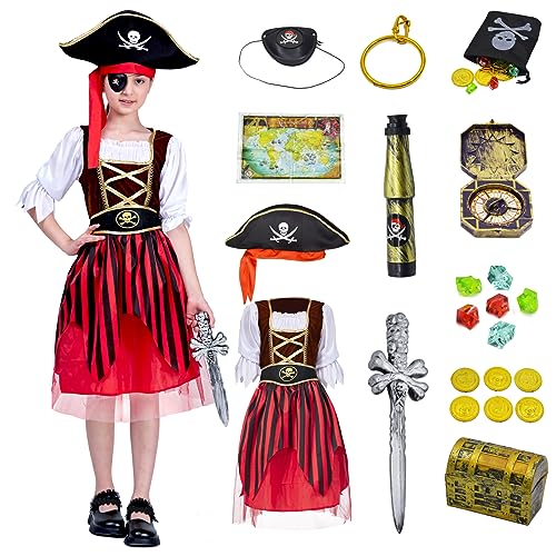 ZUCOS Mädchen Piratenkostüm Rollenspielset - Piratenspielzeug Zubehör Anziehen Geburtstag Halloween Weihnachten (Pirat, 4-6 Jahre) von ZUCOS