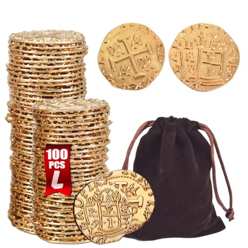 ZUCOS Piraten Münzen Zubehör,Goldmünzen-Set, Metall Goldtaler Deko Dublonen für DND Brettspiele, Cosplay, Realistische Mittelalter Geld-Imitation, Piratenschatz (100 PCS) von ZUCOS