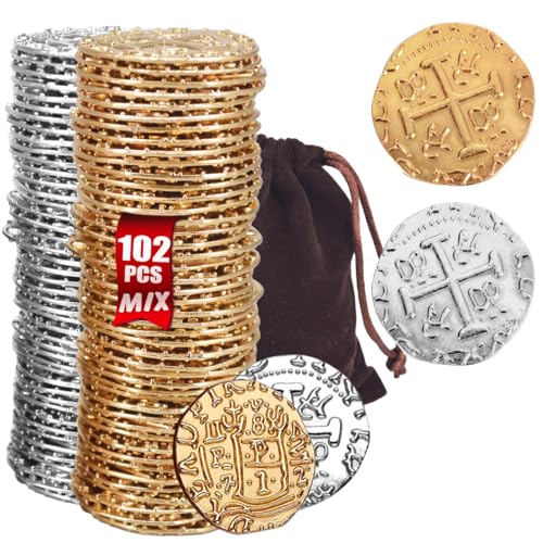 ZUCOS Piraten Münzen Zubehör,Goldmünzen-Set, Metall Goldtaler Deko Dublonen für DND Brettspiele, Cosplay, Realistische Mittelalter Geld-Imitation, Piratenschatz (Gold and Silver 102 PCS, Large) von ZUCOS