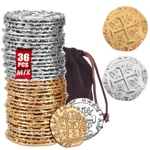 ZUCOS Piraten Münzen Zubehör,Goldmünzen-Set, Metall Goldtaler Deko Dublonen für DND Brettspiele, Cosplay, Realistische Mittelalter Geld-Imitation, Piratenschatz (Gold and Silver 36 PCS, Large) von ZUCOS
