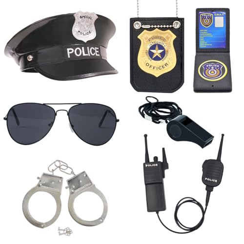 ZUCOS Polizei Kostüm Kinder, Polizist Handschellen Sonnenbrille Abzeichen Detective Cop Swat Rollenspiel Zubehör Halloween Party Kostüm (A, Medium) von ZUCOS