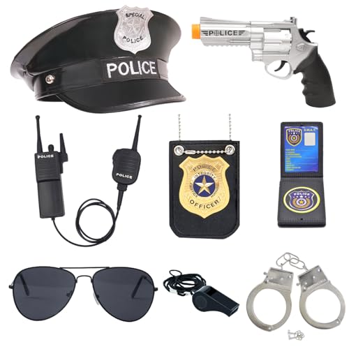 ZUCOS Polizei Kostüm Kinder, Polizist Handschellen Sonnenbrille Abzeichen Detective Cop Swat Rollenspiel Zubehör Halloween Party Kostüm (B, Medium) von ZUCOS