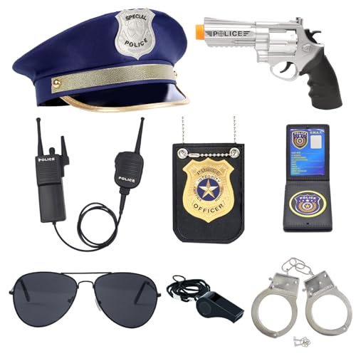 ZUCOS Polizei Kostüm Kinder, Polizist Handschellen Sonnenbrille Abzeichen Detective Cop Swat Rollenspiel Zubehör Halloween Party Kostüm Dress up (C, Medium) von ZUCOS