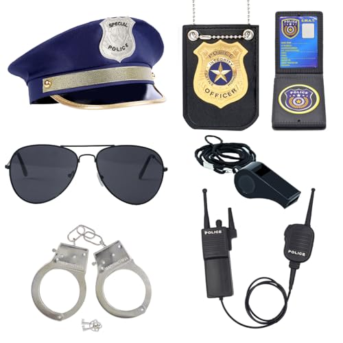 ZUCOS Polizei Kostüm Kinder, Polizist Handschellen Sonnenbrille Abzeichen Detective Cop Swat Rollenspiel Zubehör Halloween Party Kostüm Dress up (With Hat, Medium) von ZUCOS