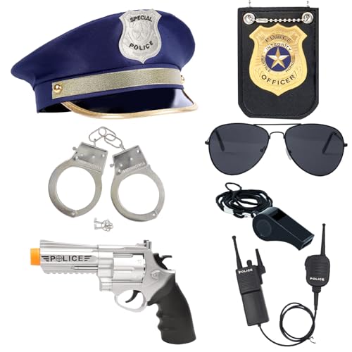 ZUCOS Polizei Kostüm für Kinder, Erwachsene, Polizist Handschellen Sonnenbrille Abzeichen Jungen Mädchen Karneval Detective Dress-ups Halloween-Kostüm (B, Medium) von ZUCOS