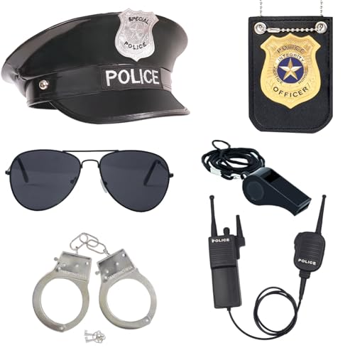 ZUCOS Polizei Kostüm für Kinder, Erwachsene, Polizist Handschellen Sonnenbrille Abzeichen Jungen Mädchen Karneval Detective Dress-ups Halloween-Kostüm (D, Medium) von ZUCOS