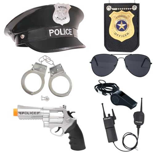 ZUCOS Polizei Kostüm für Kinder, Erwachsene, Polizist Handschellen Sonnenbrille Abzeichen Jungen Mädchen Karneval Detective Dress-ups Halloween-Kostüm (E, Medium) von ZUCOS