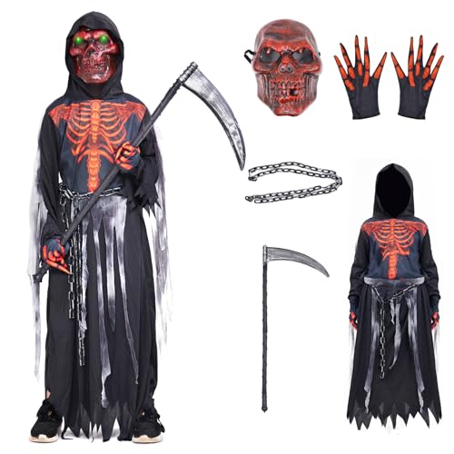 ZUCOS Sensemann Kostüm Sense Schädelmaske SchädeHandschuhe, Unisex Kostüm Grim Reaper für Halloween Party Dekoration (Rot, 10-12 Jahre) von ZUCOS