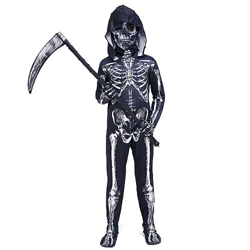 ZUCOS Unisex Kinder 3D Skelett Jumpsuit Knochen Halloween Kostüm Ganzkörperanzug mit Maske und Sichel (Schwarz, 10-12 Jahre) von ZUCOS