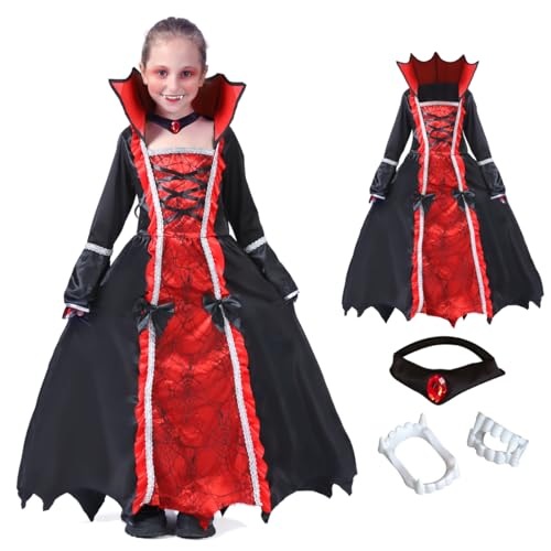 ZUCOS Vampirin Kleid Kostüm für Mädchen Halloween-Dress Up Halloween Süßes oder Saures Rollenspiel Karnevals-Cosplay (Black, 7-9 Years) von ZUCOS
