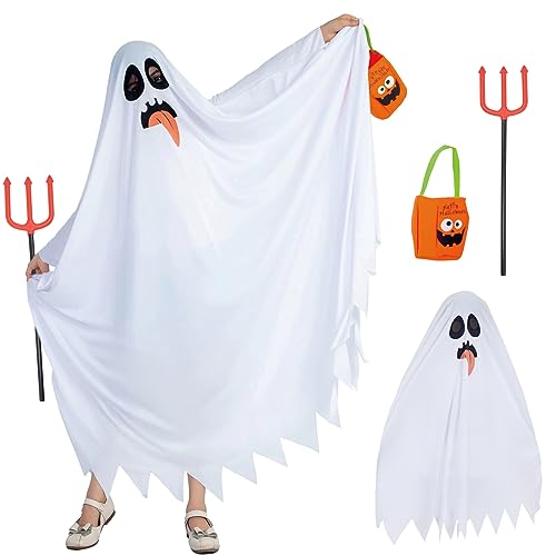 ZUCOS Weiß Geisterroben Kostüm für Kinder Halloween Gruseliges mit Kürbisbeutel (Weiß, 3-4 Jahre) von ZUCOS