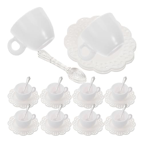 ZUNOXAZ 10 Sets Realistische Mini-kaffeetassen-Modelle, Puppenhaus-Becher Aus Kunststoff, Weiße Teetassen Mit Untertassen Und Metalllöffeln, Set Für Kinder, Rollenspiele, von ZUNOXAZ