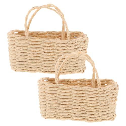 ZUNOXAZ 2 Stück Miniaturkorb Handgeflochtene Kleine Rattankörbe mit Ovalem Rand und Quadratischer Basis Bauernhausstil Picknickkorb für Puppenhaus Dekoration und Kinderspielzeug von ZUNOXAZ