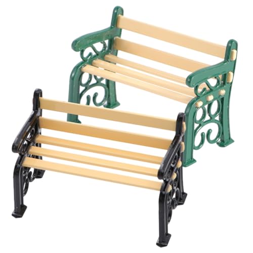 ZUNOXAZ 2 Stück Teiliges Miniatur Gartenbank Realistische Puppenhausmöbel Retro Stil Grün und Schwarz für Fotografie Modell Miniatur Landschaftsdeko Puppenhaus Zubehör von ZUNOXAZ