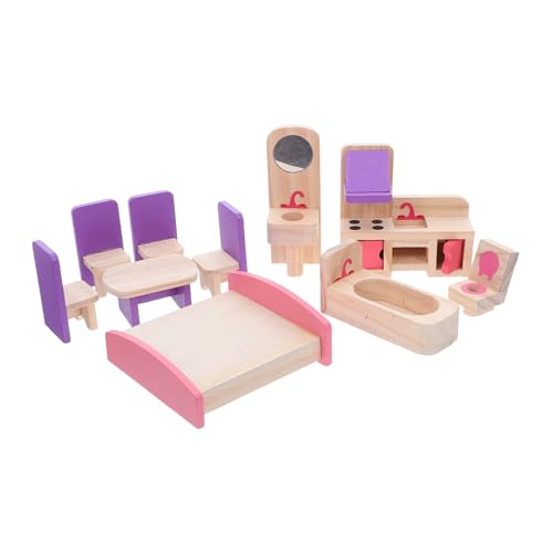 ZUNOXAZ Holz Puppenhaus Möbelset Teilig Miniaturmöbel DIY Kreativ für Familie Rollenspiel mit Tisch Stühlen und Schlafzimmerzubehör von ZUNOXAZ