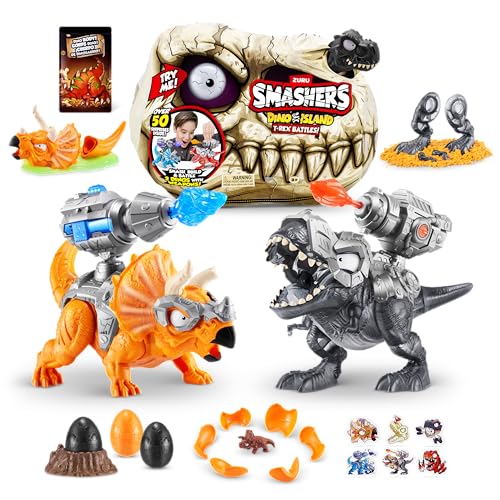ZURU Smashers Dino Island T-Rex Battles - Blaue Triceratops, 50+ Überraschungen, Sammelbarer Dinosaurier, Überraschungssand-Verbindungen (Blau) von ZURU SMASHERS