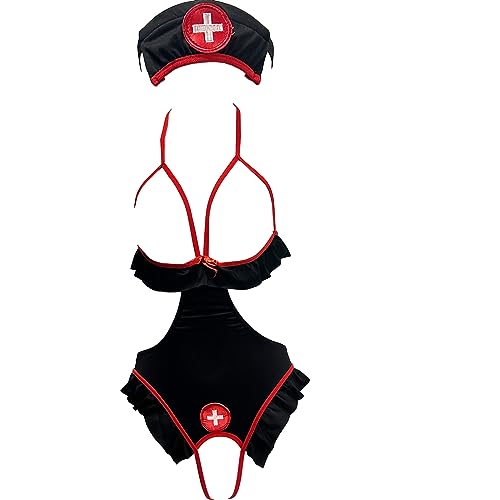 ZUYPSK Damen Krankenschwester Kostüm Rückenfrei Brustfrei Bodysuit mit Haube Stringbody Dessous Uniform Kleid Halloween Cosplay Verkleidung (Schwarz, XL) von ZUYPSK