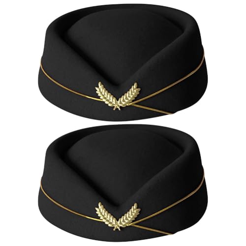 ZUYYON 2 Stück Frauen Flugbegleiterhut Wolle Air Stewardess Cap Stewardess Uniform Flugzeugmütze Cosplay Kostüm Zubehör (schwarz) von ZUYYON