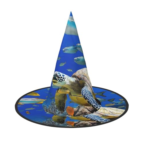 ZWLPNZZD (Meeresschildkröte mit Fischen) bedruckter faltbarer Halloween-Hut, Urlaub, Kostüm, Kappe, Cosplay, Party, Hexenhüte, 2 Stück von ZWLPNZZD