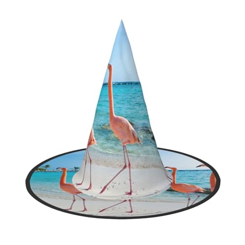 ZWLPNZZD (Pinker Flamingo am Strand) bedruckter faltbarer Halloween-Hut Urlaub Kostüm Kappe Cosplay Party Hexenhüte 3 Stück von ZWLPNZZD