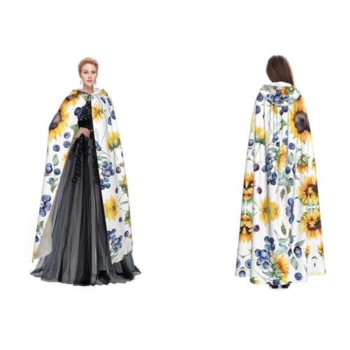 ZWLPNZZD Kapuzenumhang mit Sonnenblumen-Druck, lang und bequem, für Halloween, Rollenspiele und mehr, Schwarz, Einheitsgröße von ZWLPNZZD
