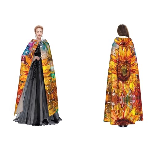 ZWLPNZZD Kapuzenumhang mit Sonnenblumen-Druck, lang und bequem, für Halloween, Rollenspiele und mehr, Schwarz, Einheitsgröße von ZWLPNZZD