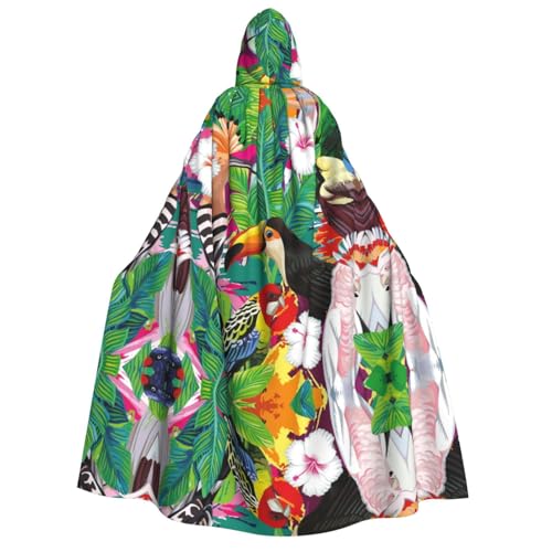 ZWLPNZZD Kapuzenumhang mit tropischen Vögeln und Pflanzenblättern, lang und bequem, für Halloween, Rollenspiele, Party, Cosplay, Herren und Damen von ZWLPNZZD