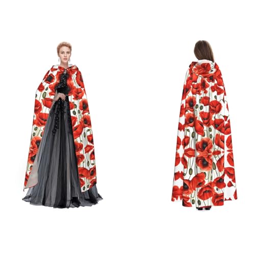 ZWLPNZZD Roter Mohnblumen-Umhang mit Kapuze, lang und bequem, für Halloween, Rollenspiele und mehr, Schwarz, Einheitsgröße von ZWLPNZZD