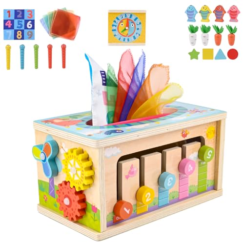 ZWOOS Montessori Spielzeug ab 6 Monate, 6-In-1 Tücherbox Baby, Motorikwürfel Holzspielzeug 6-12 Monate Jungen Mädchen, Motorikspielzeug für Kinder 1-3, Baby Geschenk von ZWOOS