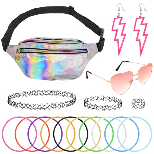 ZWQLZG 80er Jahre Verkleidung für Damen, 90er Jahre Kostüm Zubehör Set inklusive Bumbags Choker Herz Brille Armband Ohrringe Festival Zubehör 80er 90er Jahre Dress Up Day von ZWQLZG