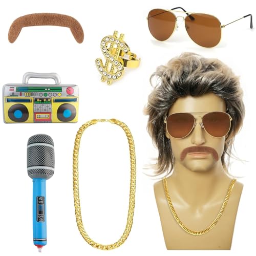 ZWQLZG Hip Hop Kostüm Kit, 80er 90er Jahre Hip Hop Verkleidung Rapper Kostüme Outfit Kit Metallkette Flach Verkleidung Zubehör mit Disco Halskette Armband Sonnenbrille für Damen Herren Hippie von ZWQLZG
